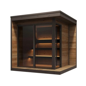 Weka Saunahaus Viira 2 aus Thermoholz mit Glasfront und zwei Saunabänken.