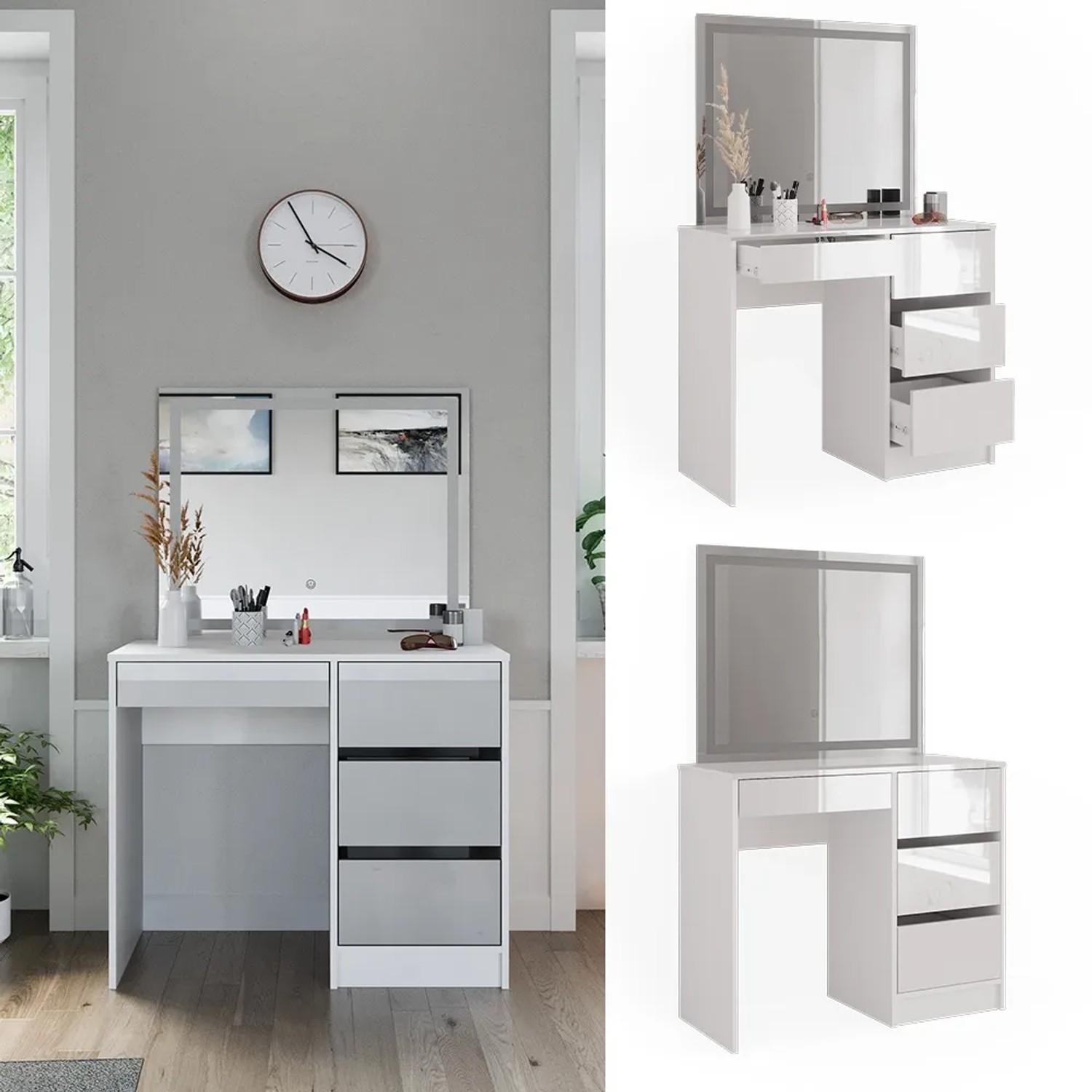 Vicco Schminktisch Sherry Weiß Hochglanz 90 cm mit LED-Spiegel_2