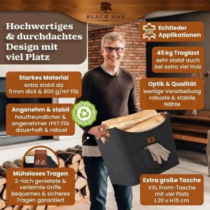 BLACK OAK Holzkorb MONTANA XL 60L Anthrazit aus Filz mit Echtleder Applikationen – Kaminholzkorb mit Griffen für Brennholz Innenbereich