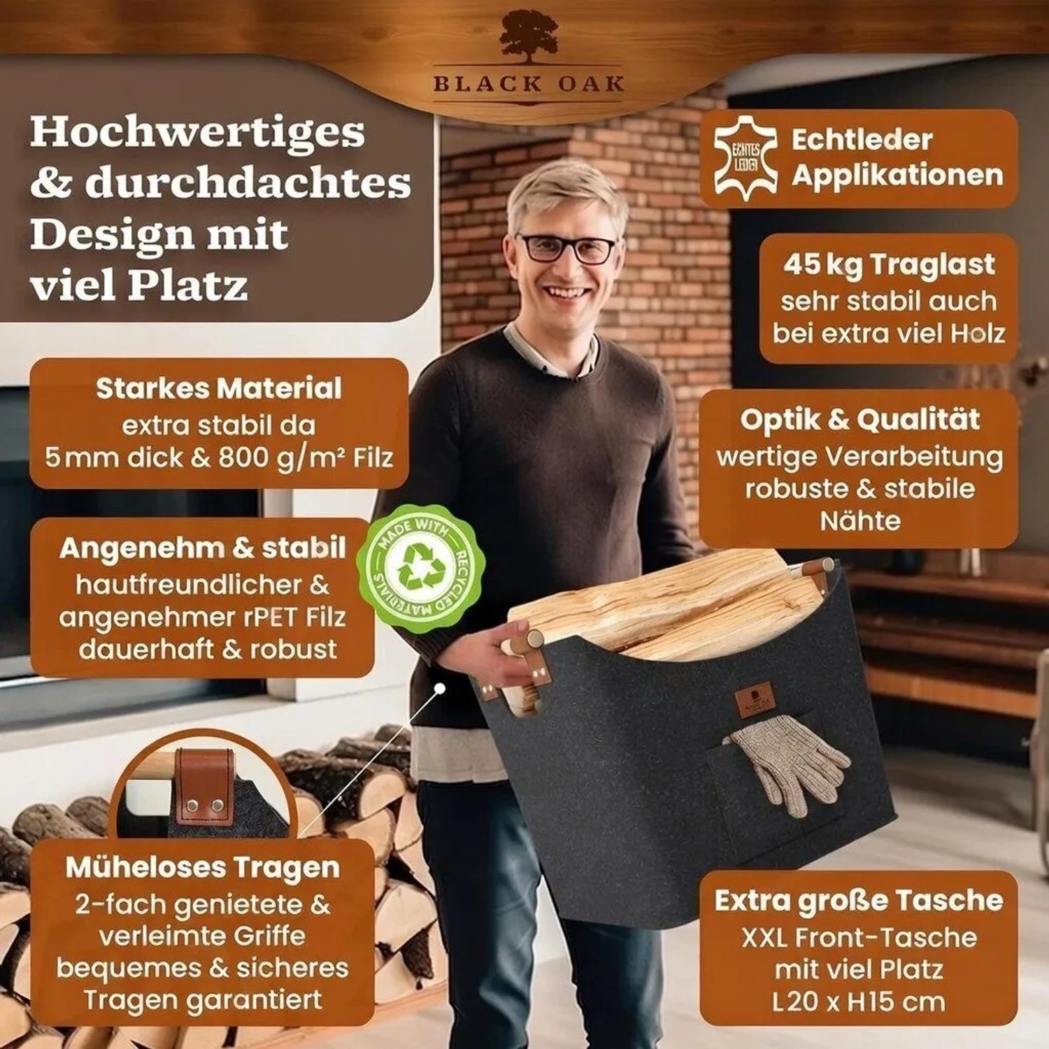 BLACK OAK Holzkorb MONTANA XL 60L Anthrazit aus Filz mit Echtleder Applikationen – Kaminholzkorb mit Griffen für Brennholz Innenbereich_3