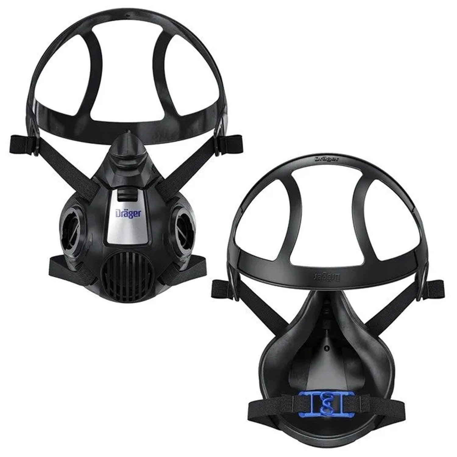 Dräger X-plore 3500 Atemschutz-Halbmaske, Größe M, in Schwarz. Zwei Ansichten zeigen Maske und Kopfbänderung.