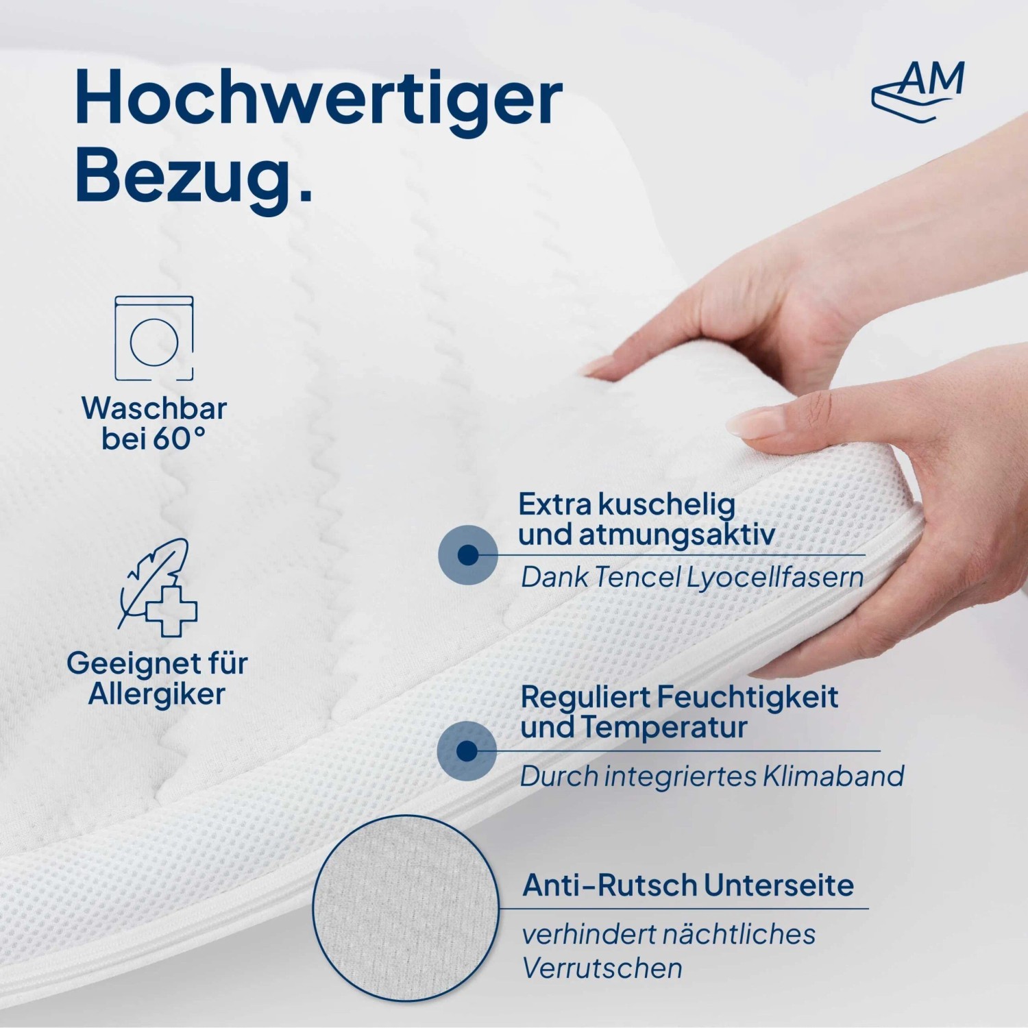 Detailansicht AM Premium Visco Topper 180x220: Waschbarer, atmungsaktiver Bezug mit Anti-Rutsch Unterseite.