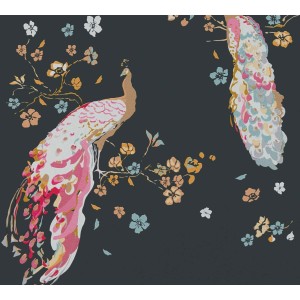 Schwarze Vliestapete mit Pfauen und Blüten, ideal für Wohn- und Schlafzimmer.