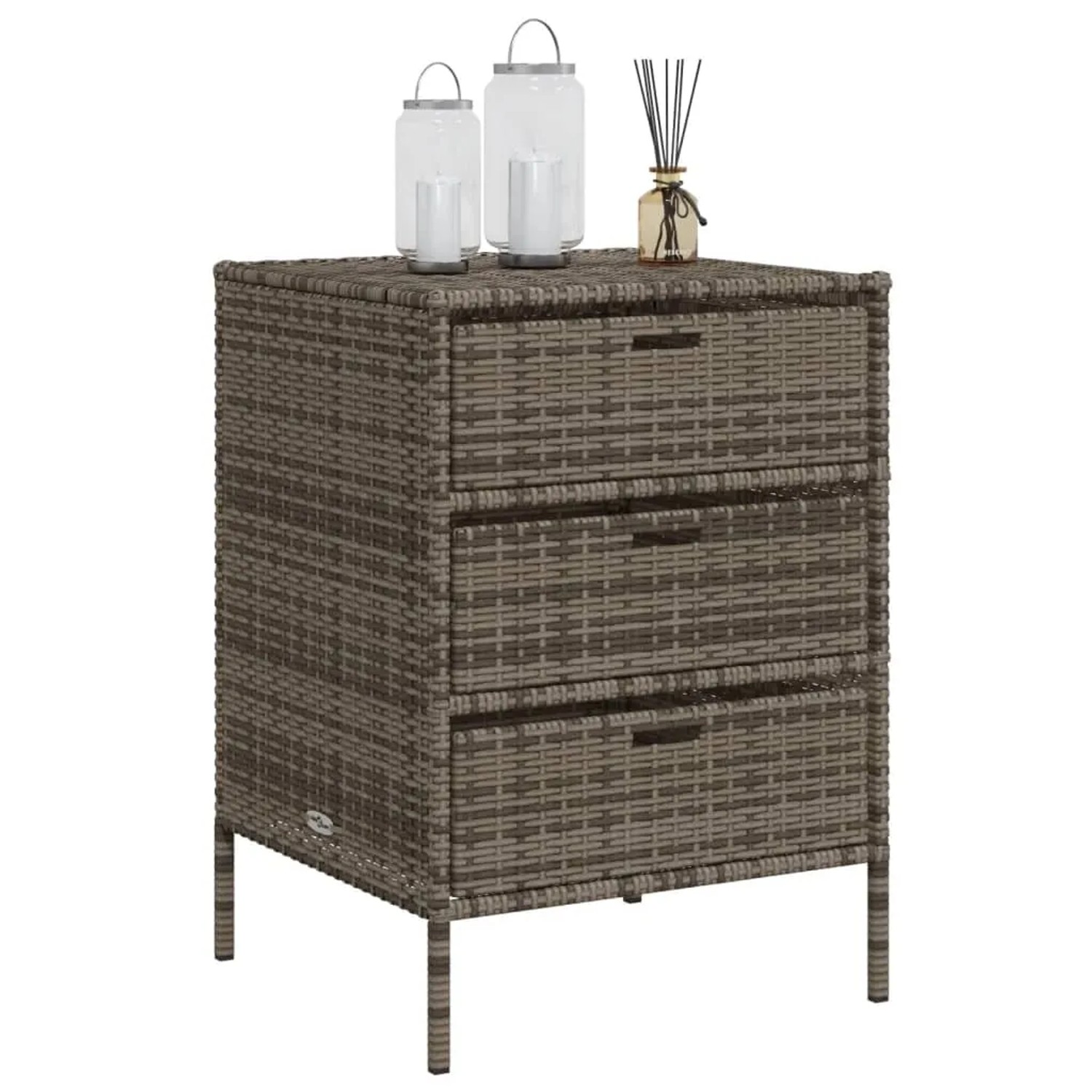 VidaXL Gartenschrank, grau, Poly Rattan mit 3 Schubladen für Gartenbedarf.