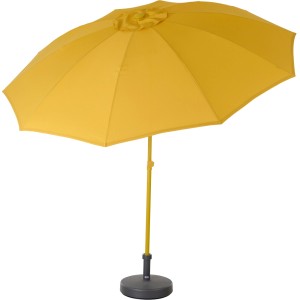 Siena Garden Marktschirm, Ø 270 cm, Curry, mit Schieber und grauem Schirmständer.