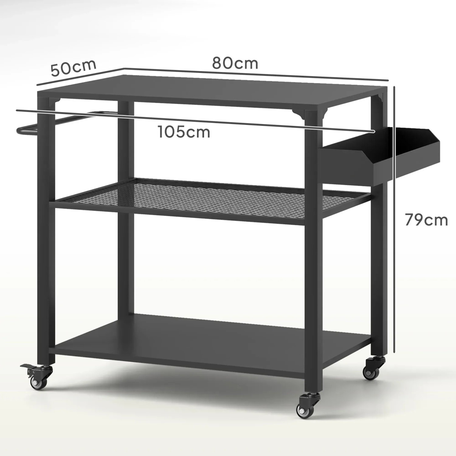 Outsunny Grillwagen aus Stahl, schwarz, 105x50x79cm, mit Ablagen und Rollen.