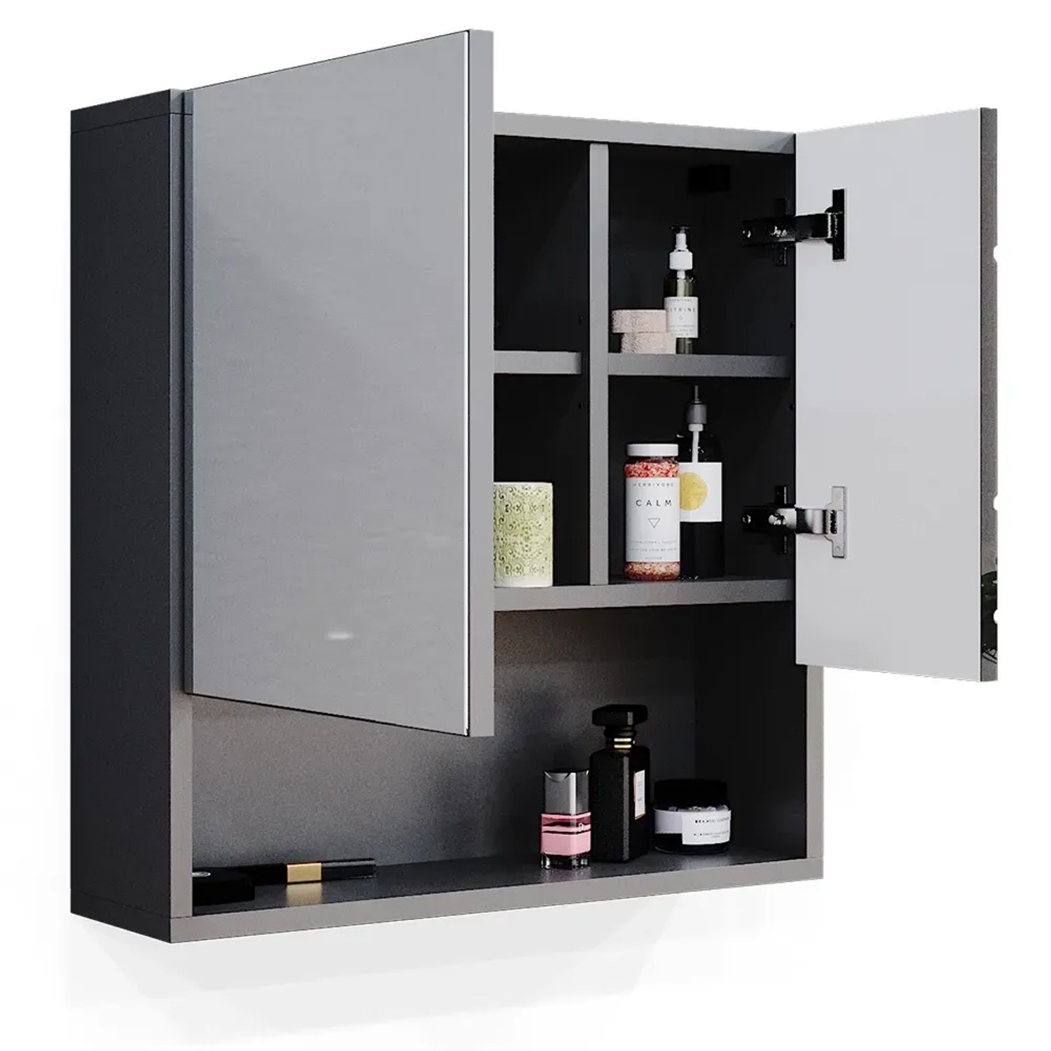 Vicco Badspiegelschrank Irma, anthrazit hochglanz, 54x55 cm, mit offenen Fächern für Badutensilien.