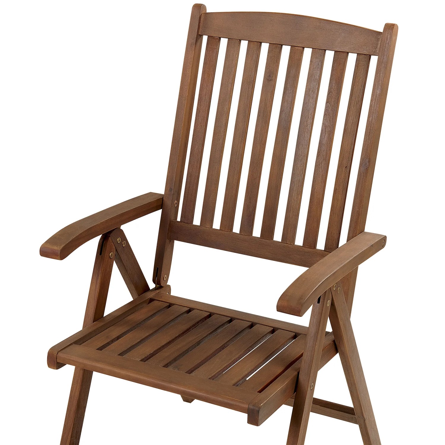 Klappbarer Gartenstuhl aus Akazienholz in dunklem Holzfarbton. Gartenmöbel für Balkon und Terrasse.