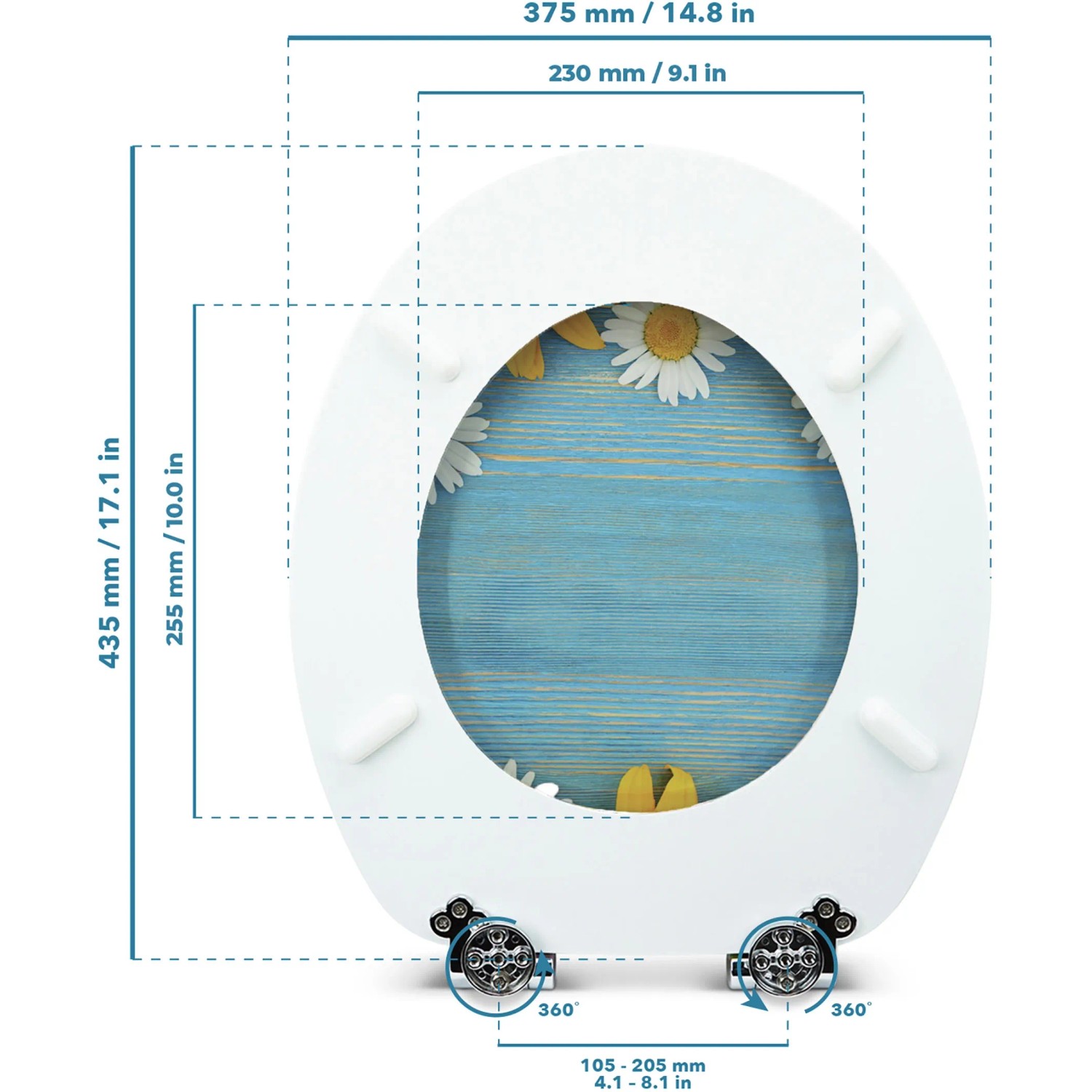 Sanfino WC-Sitz Daisies: Toilettendeckel aus Holz, Absenkautomatik, Gänseblümchen-Motiv, hellblau.