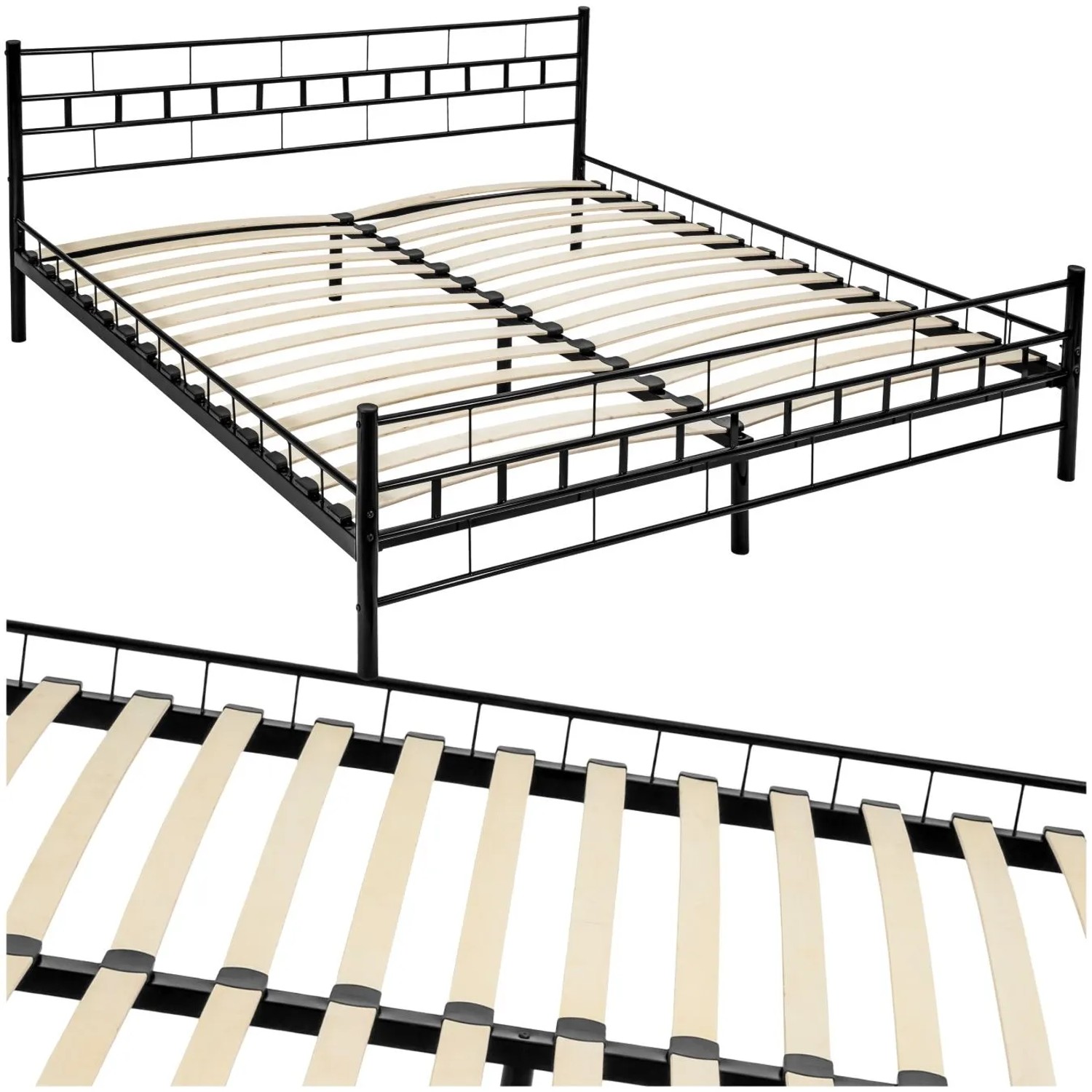 Tectake Metallbett Malta Robustes Stahlgestell Mit Holzlattenrost  203 x 187 x 76 cm Schwarz