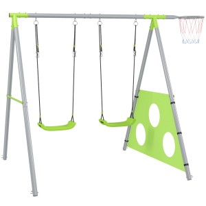 AIYAPLAY 3-in-1 Schaukelgestell mit 2 Schaukeln, Basketballkorb und Fußballtor für Kinder.