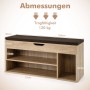 Schuhbank mit Sitzfläche und Stauraum in Naturholzoptik. Die Bank hat ein dunkles Sitzkissen, offene Fächer und ein Klappfach. Maße: 104x30x48cm.