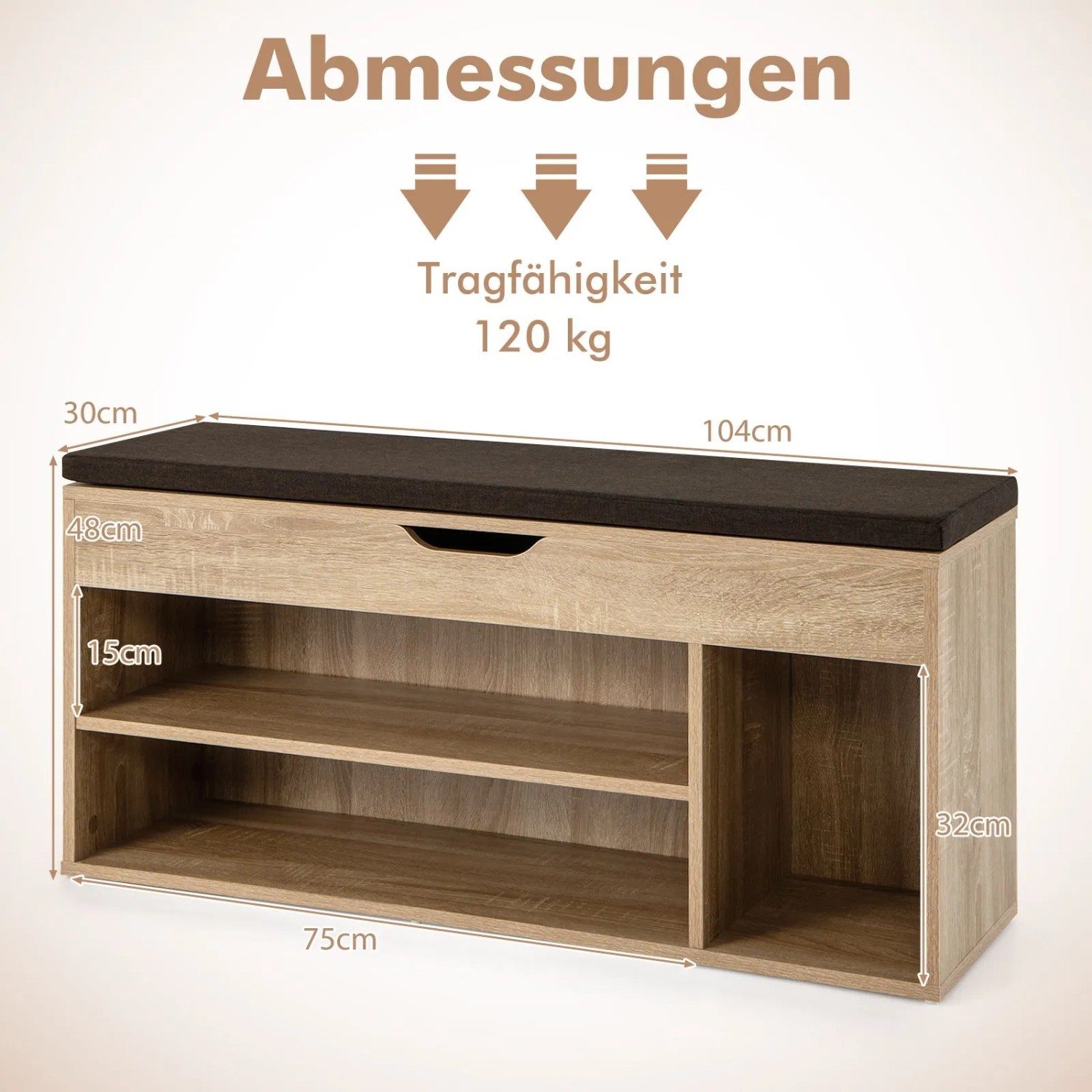 Schuhbank mit Sitzfläche und Stauraum in Naturholzoptik. Die Bank hat ein dunkles Sitzkissen, offene Fächer und ein Klappfach. Maße: 104x30x48cm.