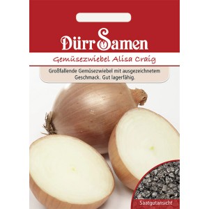 Dürr Samen Gemüsezwiebel Alisa Craig: Saatgutpackung mit Zwiebeln und Samenvorschau.