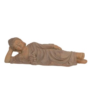 Sandfarbene liegende Buddha-Statue für Gartendekoration, 66 cm lang, meditative Atmosphäre.