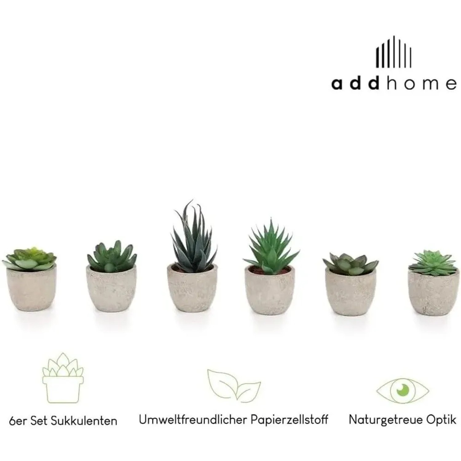 6er Set addhome Kunstpflanzen Sukkulenten in Töpfen mit Steinoptik, verschiedene Größen.