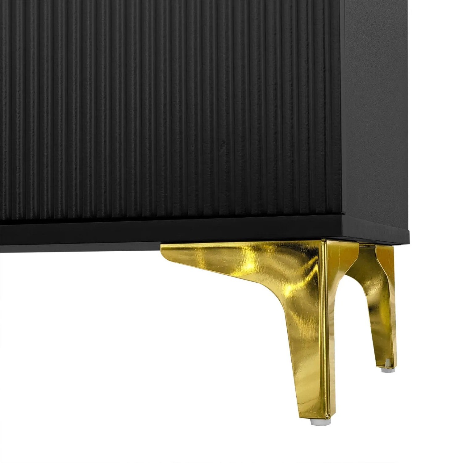 Schwarzes Sideboard mit strukturierter Front und glänzenden goldfarbenen Beinen. Modernes Design für Schuhkommode.