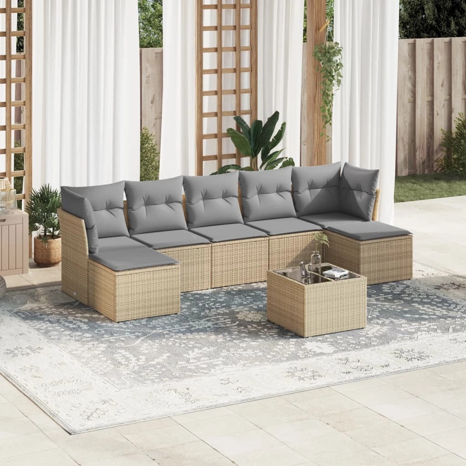Beige 8-tlg. vidaXL Garten-Sofagarnitur mit grauen Kissen und Tisch auf Terrasse.