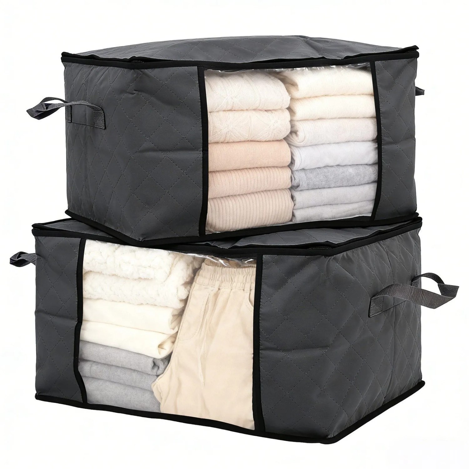 Sekey Aufbewahrungstasche Faltbar Aufbewahrungsbox mit Deckel für Bettdecken 2-tlg Kleiderschrank Organizer Reißverschluss Griffe Kleidung Bettwäsche