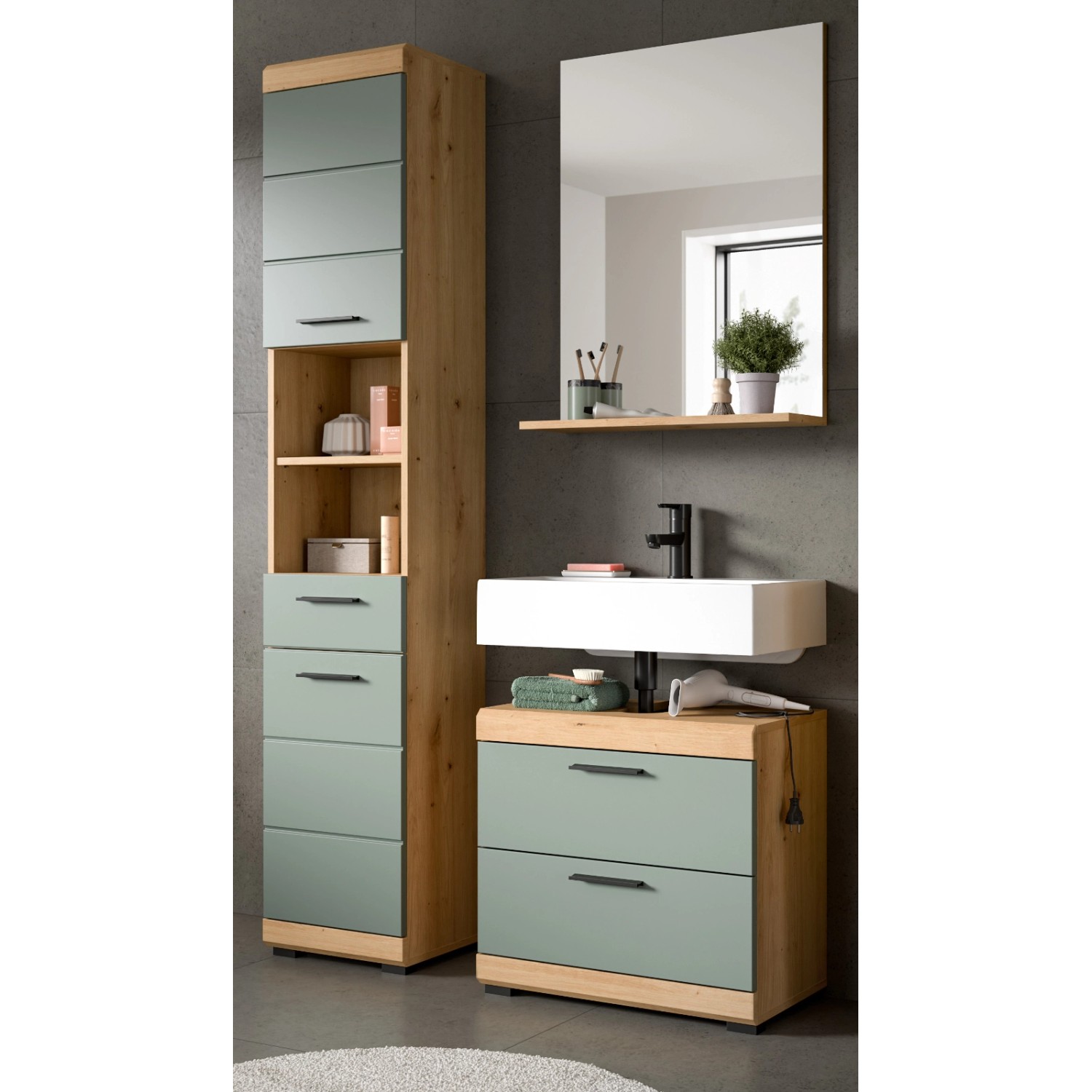 Inn.Furn Badmöbel Set 3-teilig in Grün und Eiche mit Spiegel Shawn günstig online kaufen