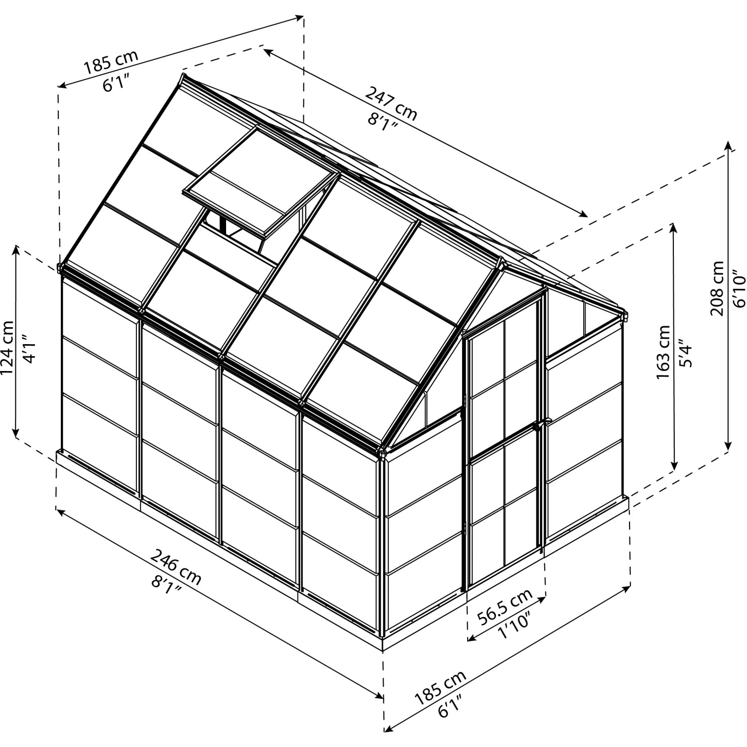 Draufsicht des grünen Palram Canopia Gewächshauses (4,6 m²) mit Maßangaben.