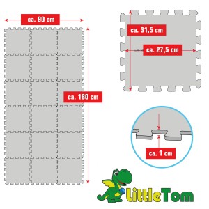 LittleTom Puzzlematte, 18 graue Teile, 30x30cm. Weiche Spielmatte für Babys und Kinder.