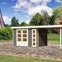 Terragraues Karibu Holz-Gartenhaus Sölve mit Flachdach und Anbau.