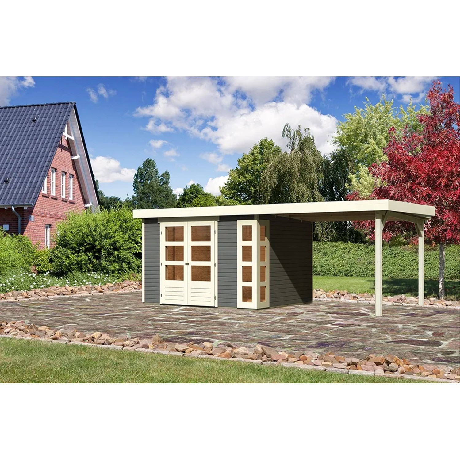 Terragraues Karibu Holz-Gartenhaus Sölve mit Flachdach und Anbau.