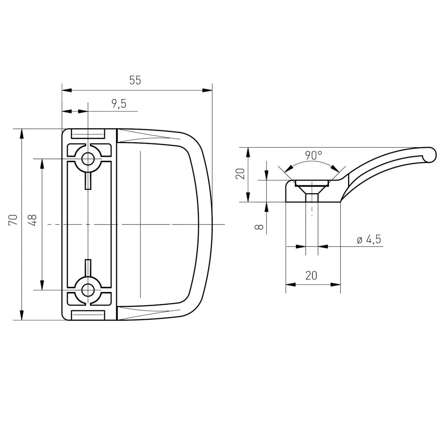 Technische Zeichnung: SOTECH Balkontürgriff DOJO, graubraun, Maße 70x55x20 mm, BA 48 mm.