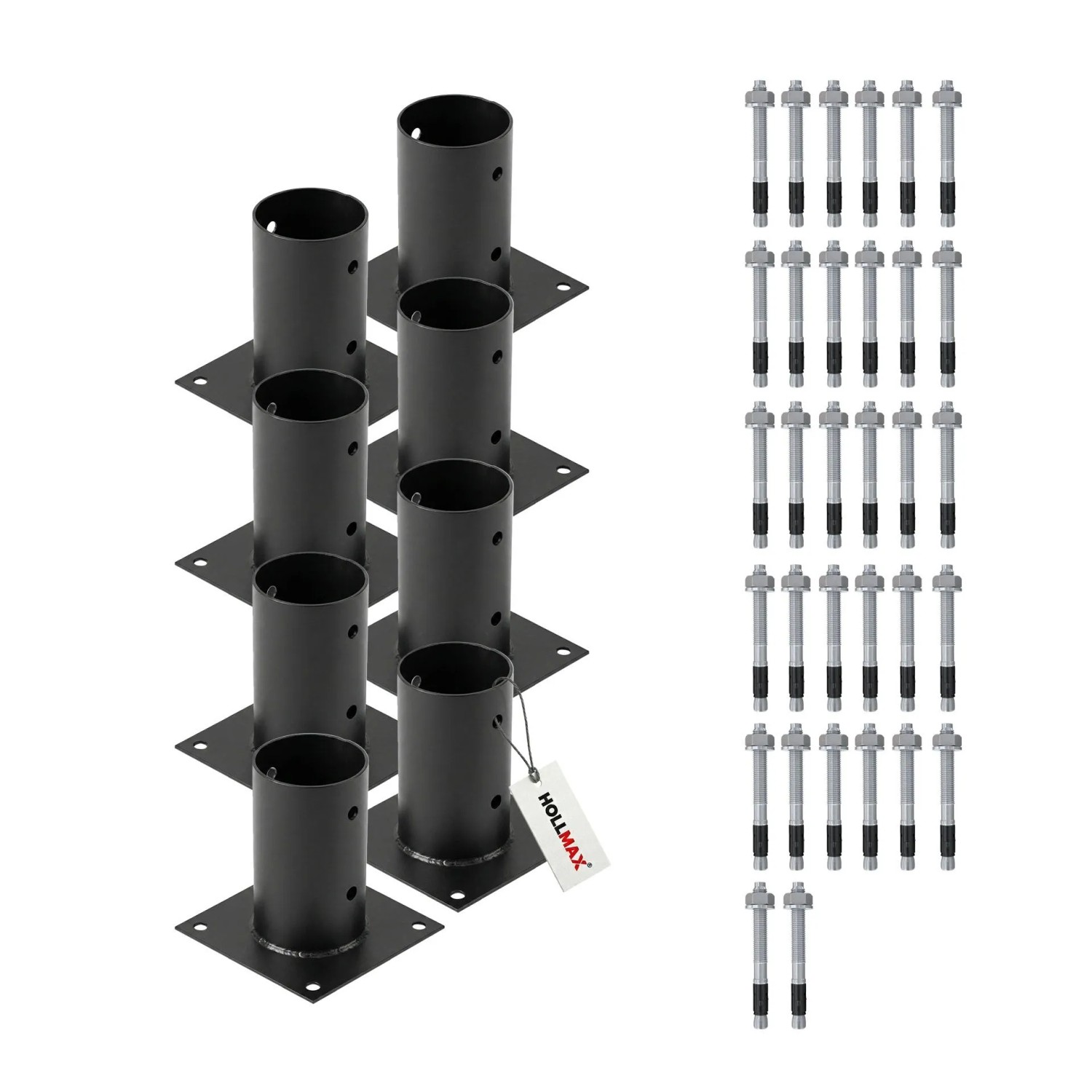 HOLLMAX 8 Stk. Aufschraubhülse/Pfostenträger 80 mm inkl. Schwerlastanker 10 x 100 mm Pulverbeschichtet Schwarz für Rundholzpfosten