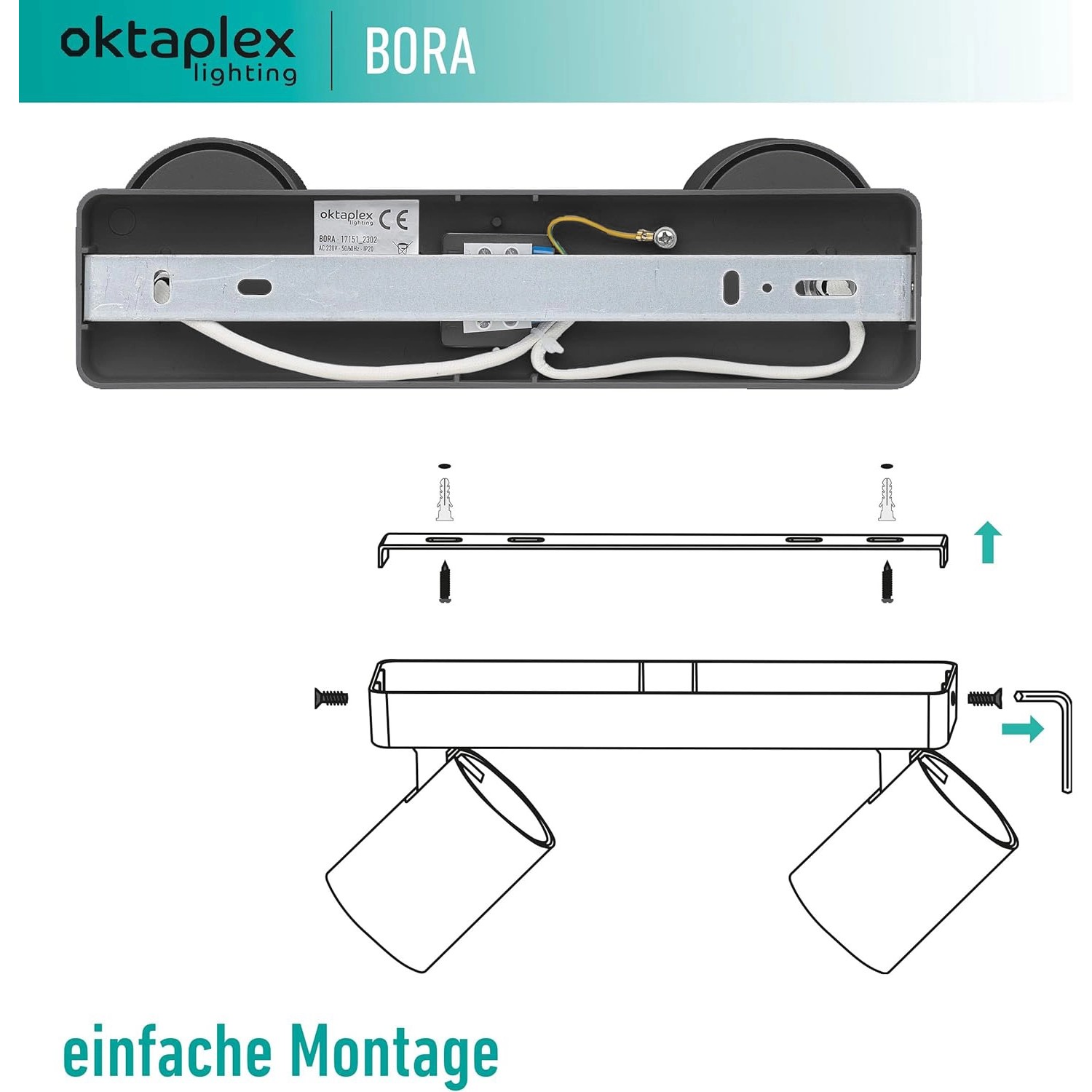 Montageanleitung für Oktaplex Bora 2-flammige Spotbalken Deckenleuchte in Schwarz.