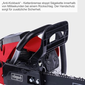 Detailaufnahme: Scheppach PCS53 Benzin-Kettensäge mit Kettenbremse und Handschutz für sicheres Arbeiten.