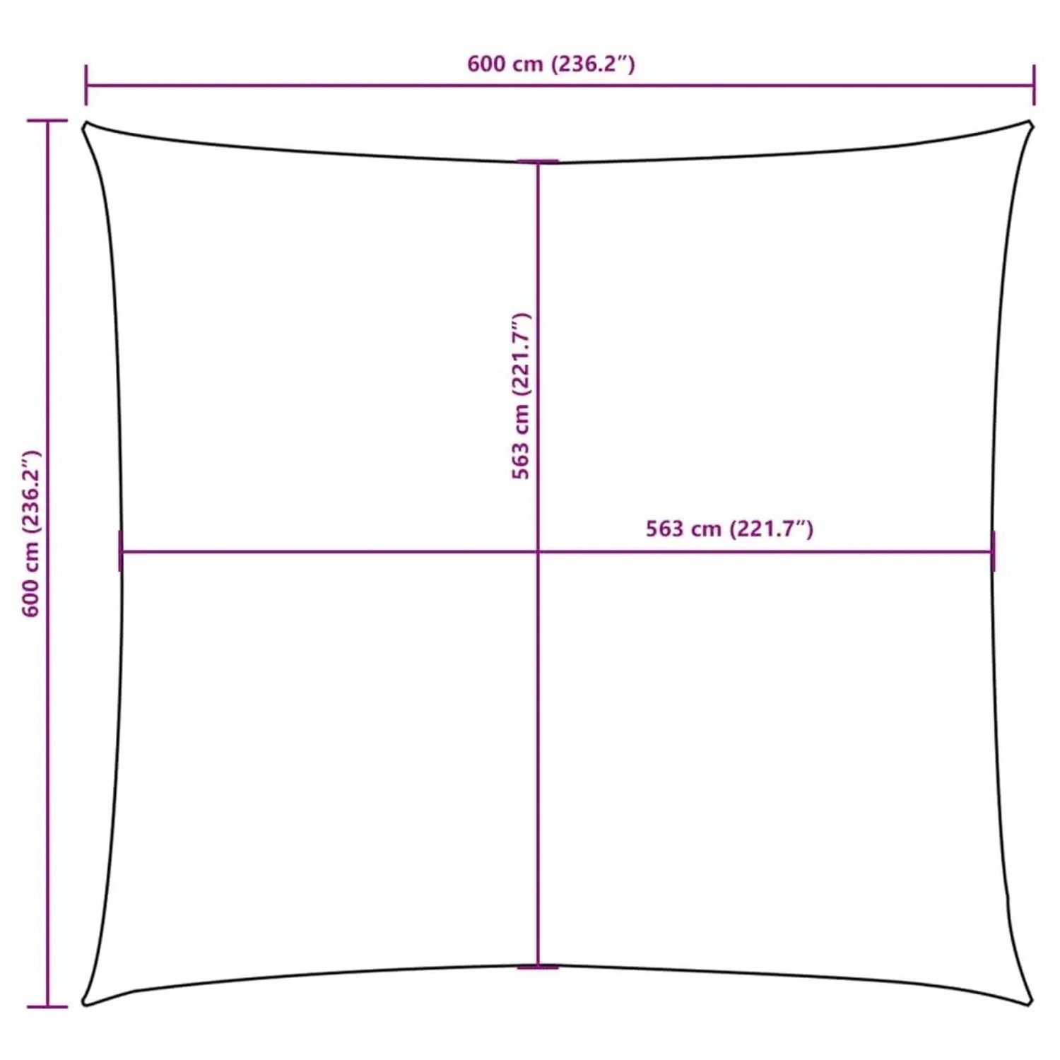 Maßzeichnung eines quadratischen Sonnensegels 6x6 m. Außen 600 cm, innen 563 cm.