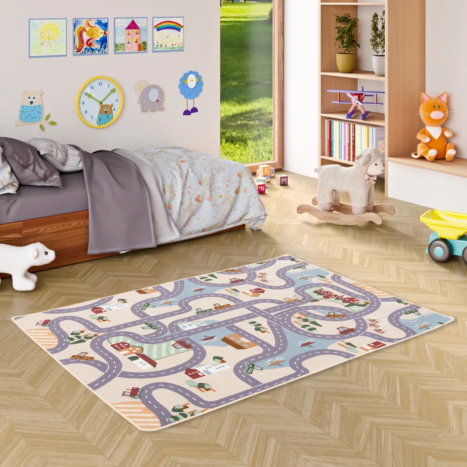 Beiger Kinder Spielteppich mit Straßenmuster, 140x200cm. Straßenteppich für Kinderzimmer.
