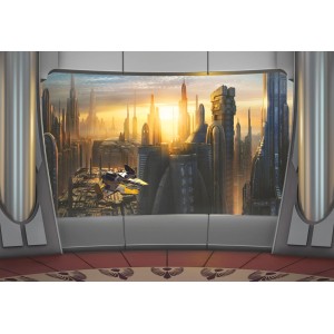 Disney Star Wars Fototapete Coruscant mit Raumschiff vor Stadtlandschaft in Grau, Rot und Beige.