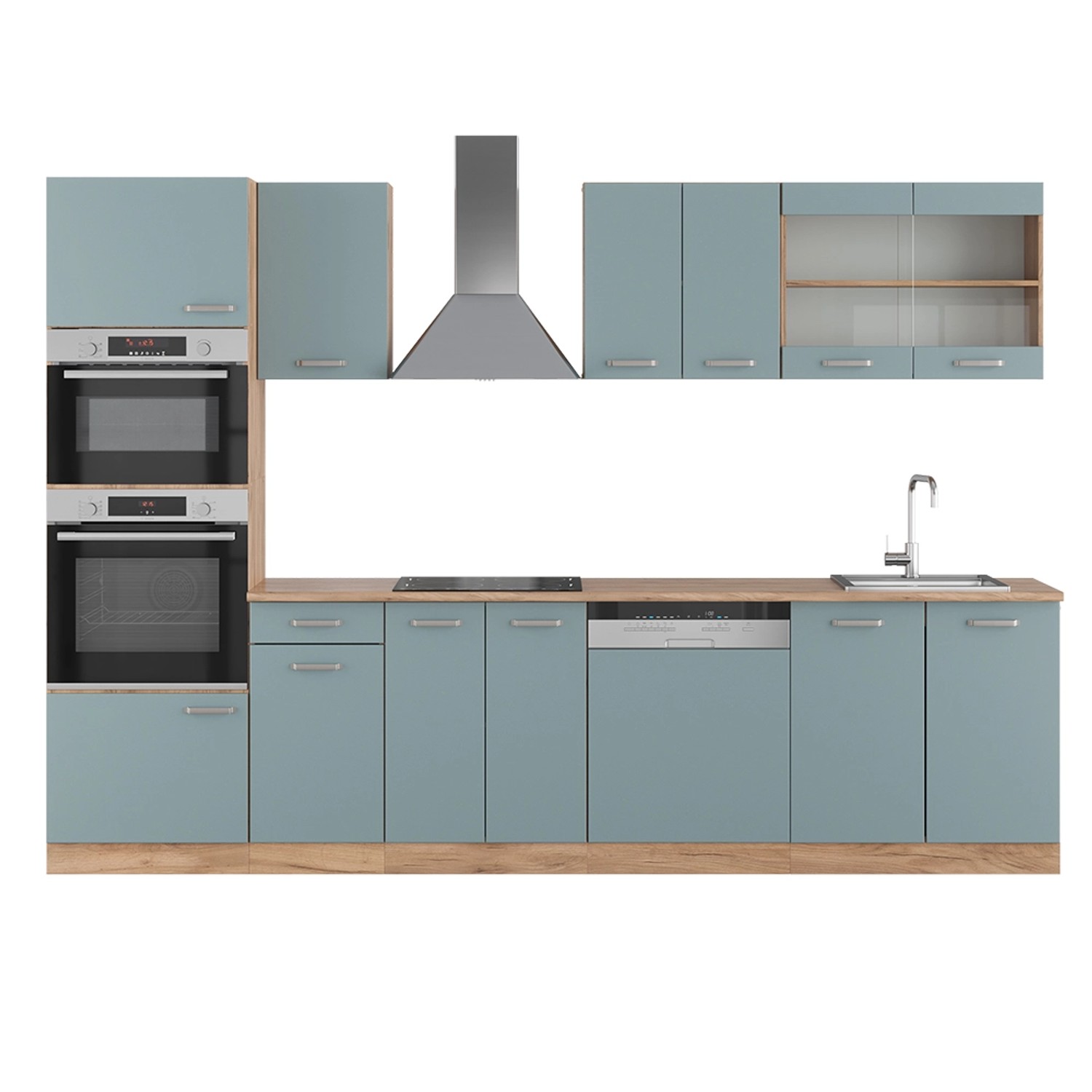 Vicco R-Line Küchenzeile Blau-Grau/Goldkraft Eiche 300 cm mit HochschrankAP günstig online kaufen