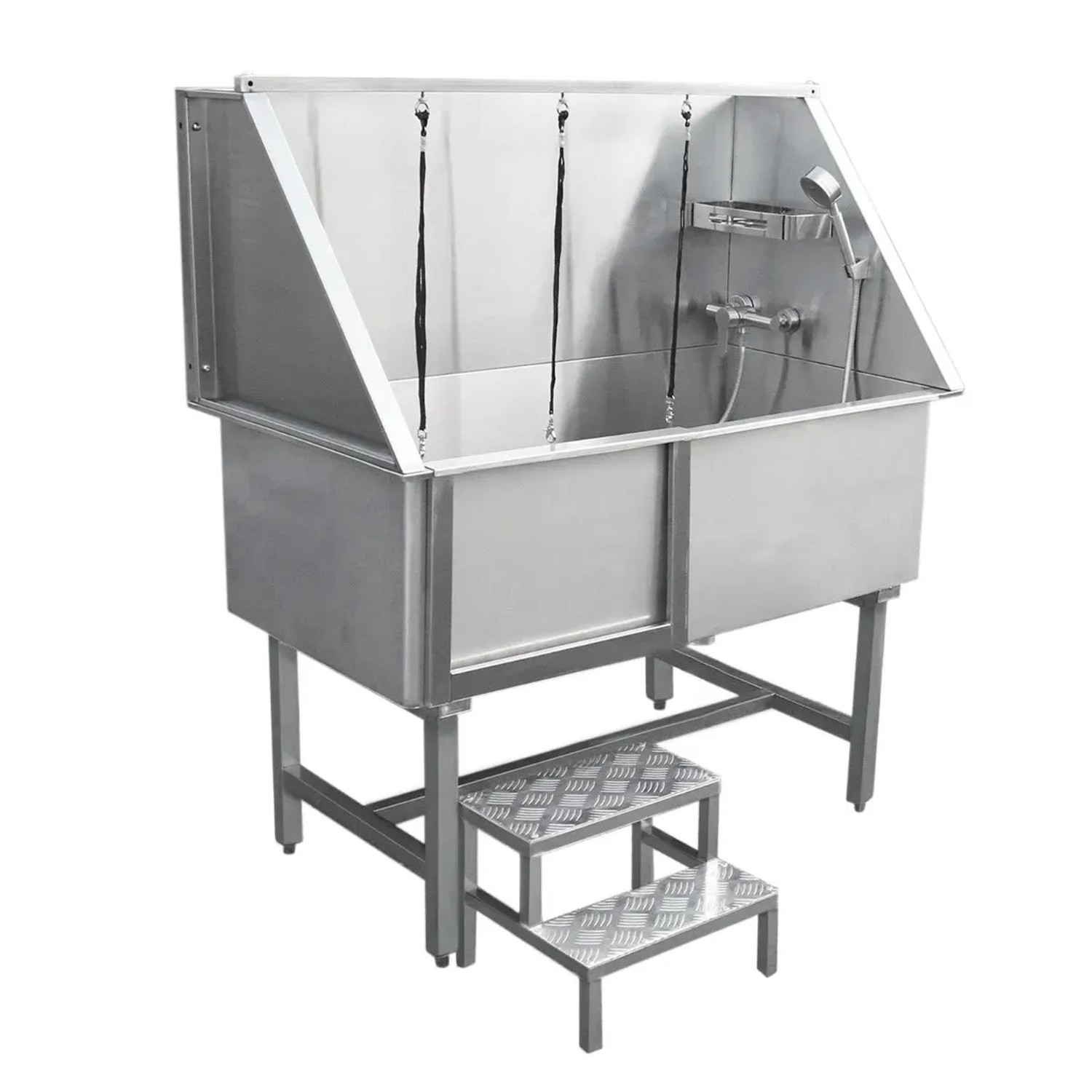 Monstershop Edelstahl Haustierbadewanne 600mm mit Treppe und Brause.