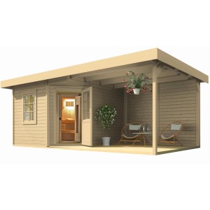 Weka Saunahaus Salo Sparset mit Anbau und Sichtschutzwand, naturbelassen.