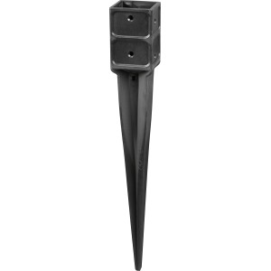 Schwarze Bodeneinschlaghülse aus Kunststoff, 71x71x900 mm, zur Pfostenbefestigung.