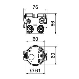 Technische Zeichnung OBO Bettermann Unterputz Gerätedose 66, Maße und Details zur Elektroinstallation.