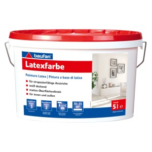 Baufan Latexfarbe 5l, weißer Eimer mit rotem Deckel, matt, scheuerbeständig, für innen & außen.