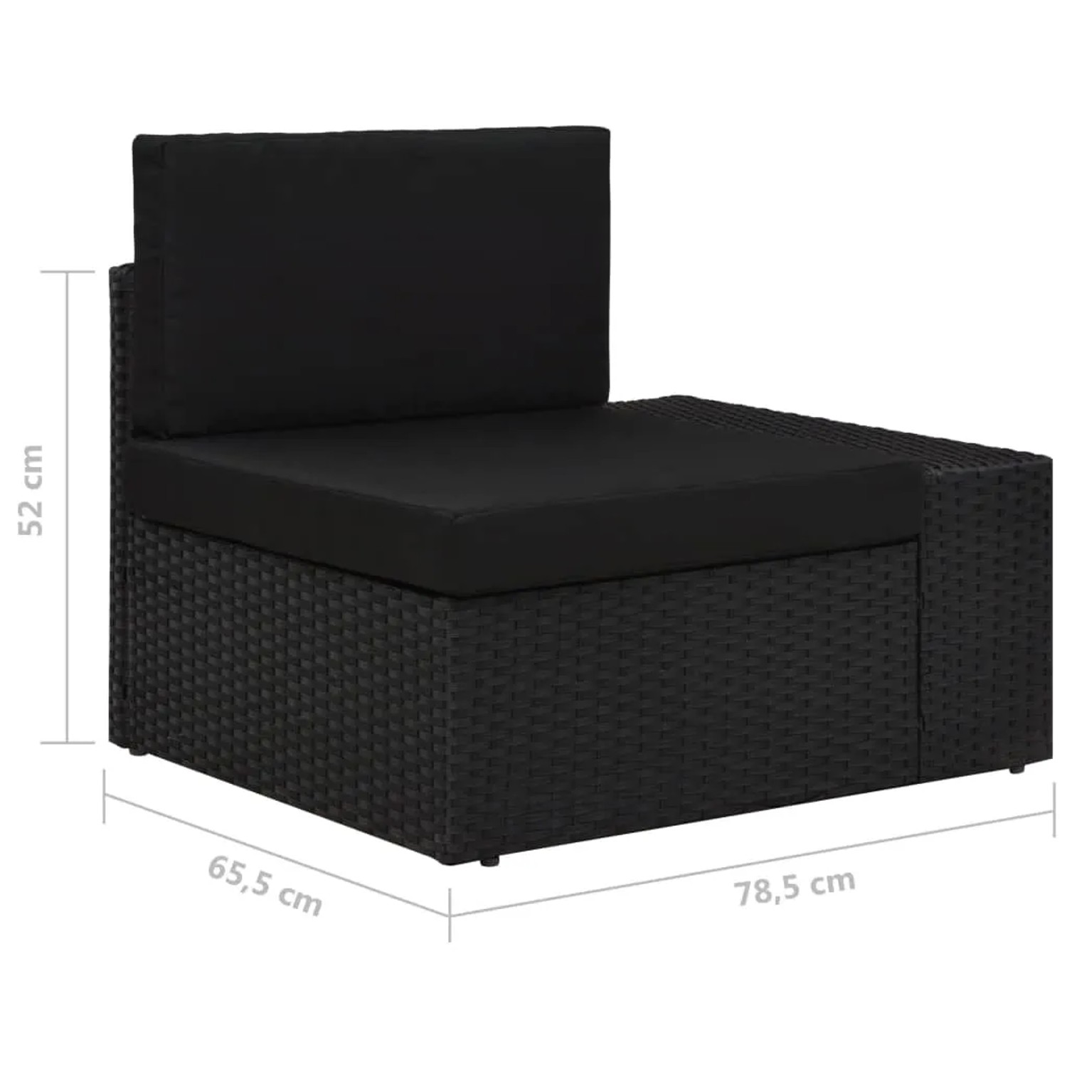 Schwarzes vidaXL Gartenmöbel Lounge-Set aus Rattan, Detailaufnahme der Maße eines Ecksofas.