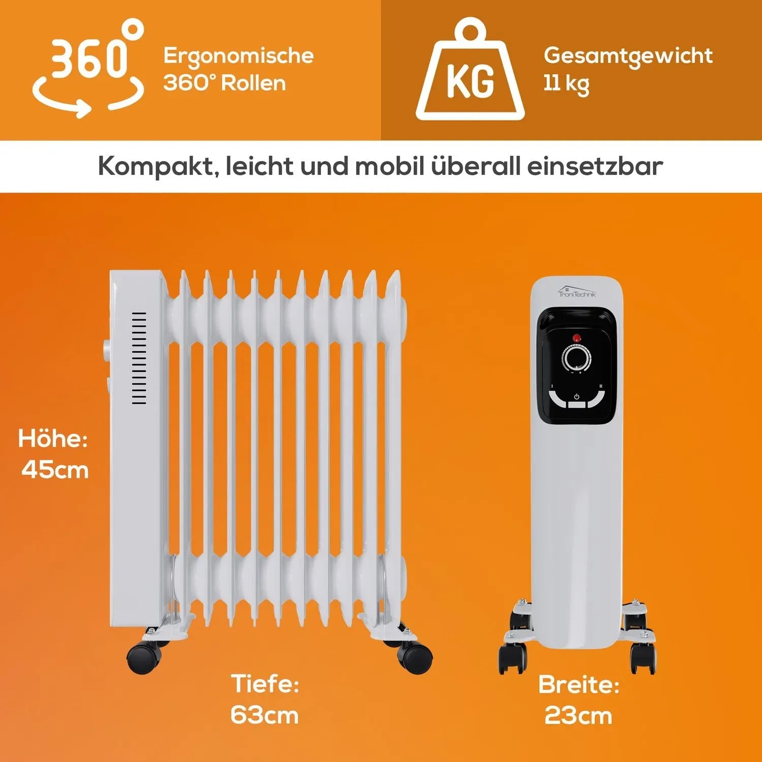 TroniTechnik Ölradiator TT OR 211, weiß, mit 11 Rippen und drei Heizstufen. Elektrische Heizung.