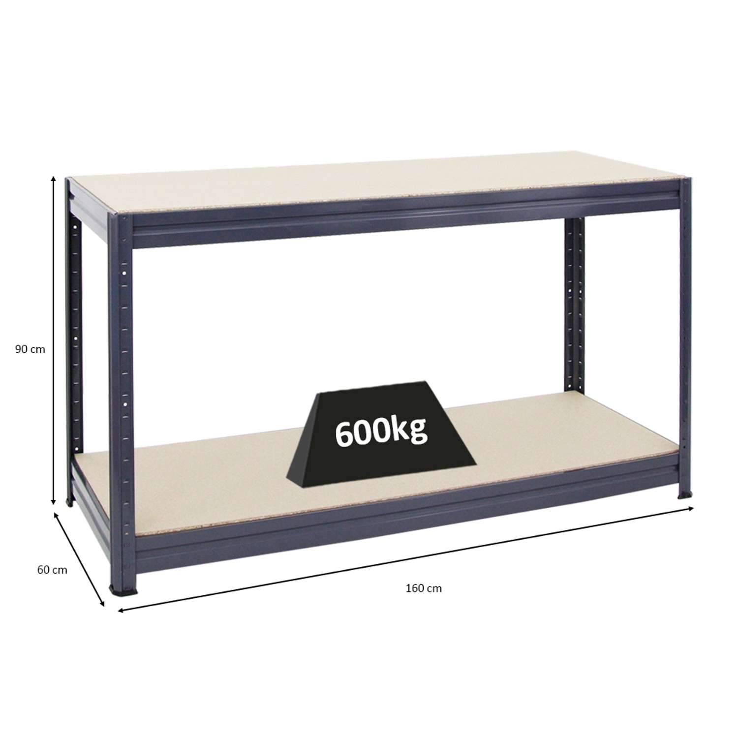 Graue, höhenverstellbare PROREGAL Werkbank Dino (90x160x60cm) mit zwei Ebenen und 600kg Traglast.