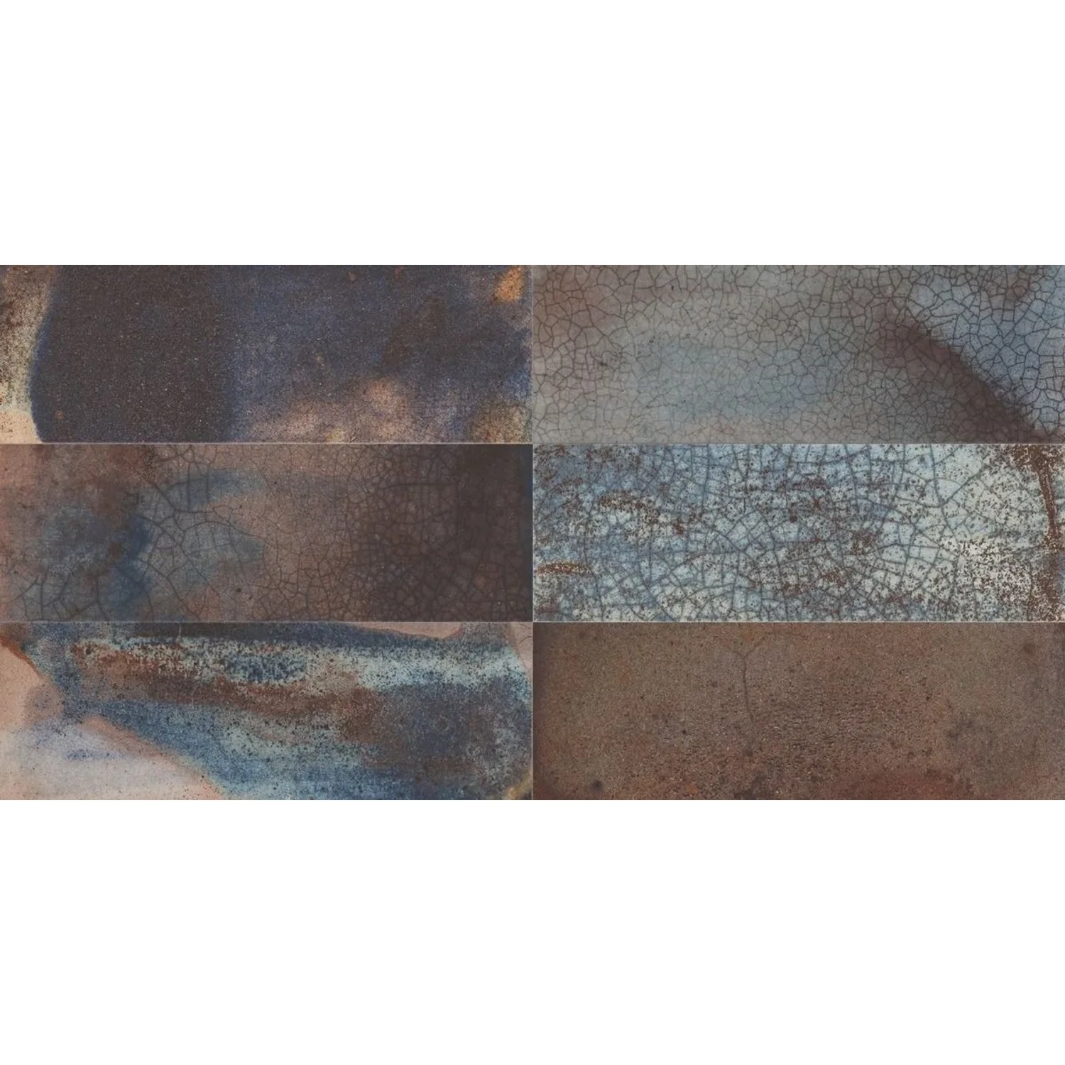 Matte Keramik Wandfliesen 20x40 cm in Terracotta-Blau Farbmischung mit rissiger Textur. Ideal für Bad, Küche, Flur.