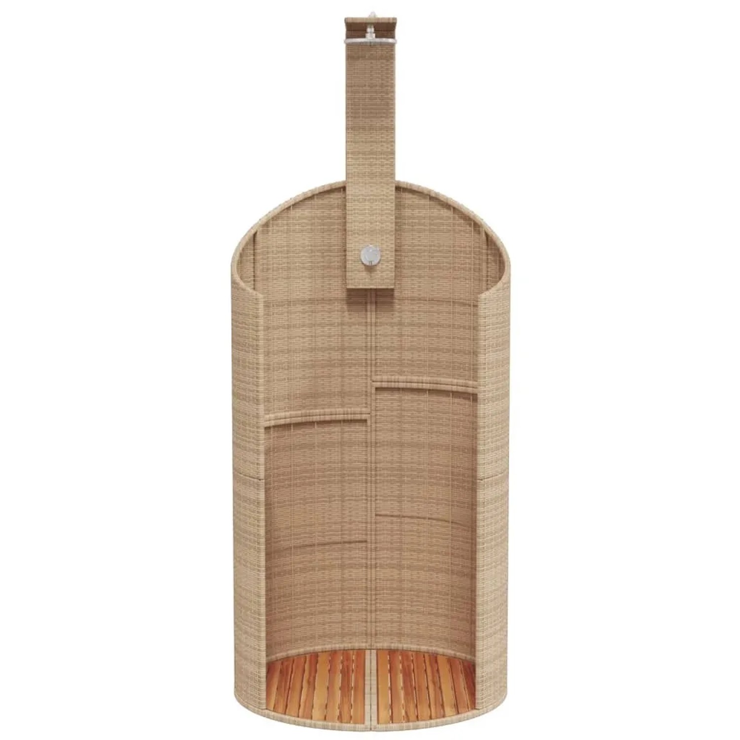 Beige Gartendusche aus Rattan und Akazienholz, 100x100x241,5 cm.