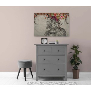 Buntes Bricoflor Leinwandbild im Antik-Stil mit Portrait und Blumen, 120x80 cm, als Wanddekoration.