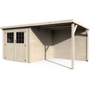 Holz-Gartenhaus Paradis: 476x234 cm, unbehandeltes Holz, mit überdachtem Bereich. Ideal als Geräteschuppen.