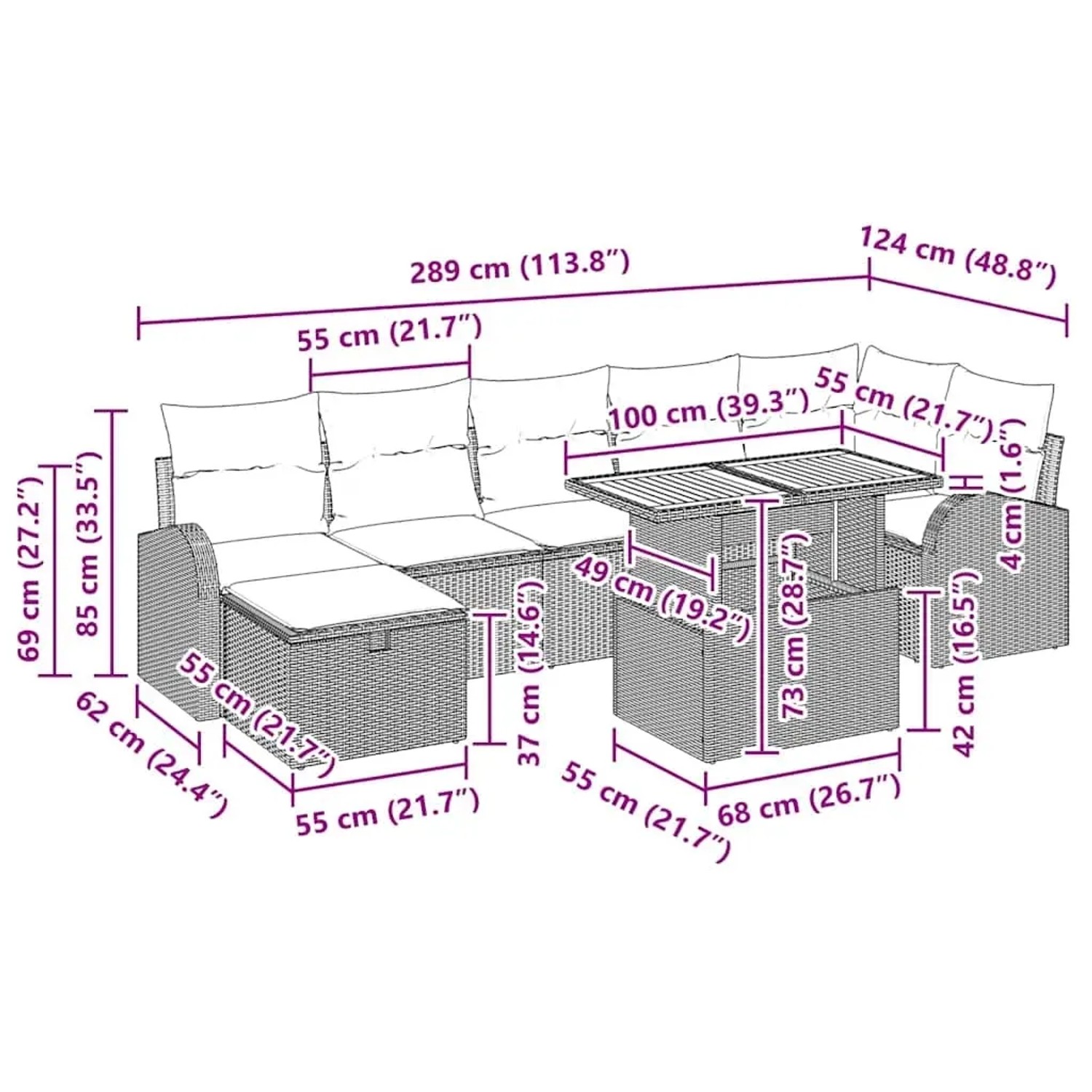 vidaXL Garten-Sofa-Set, 8-teilig, beige Poly Rattan, mit Maßen für Planung.