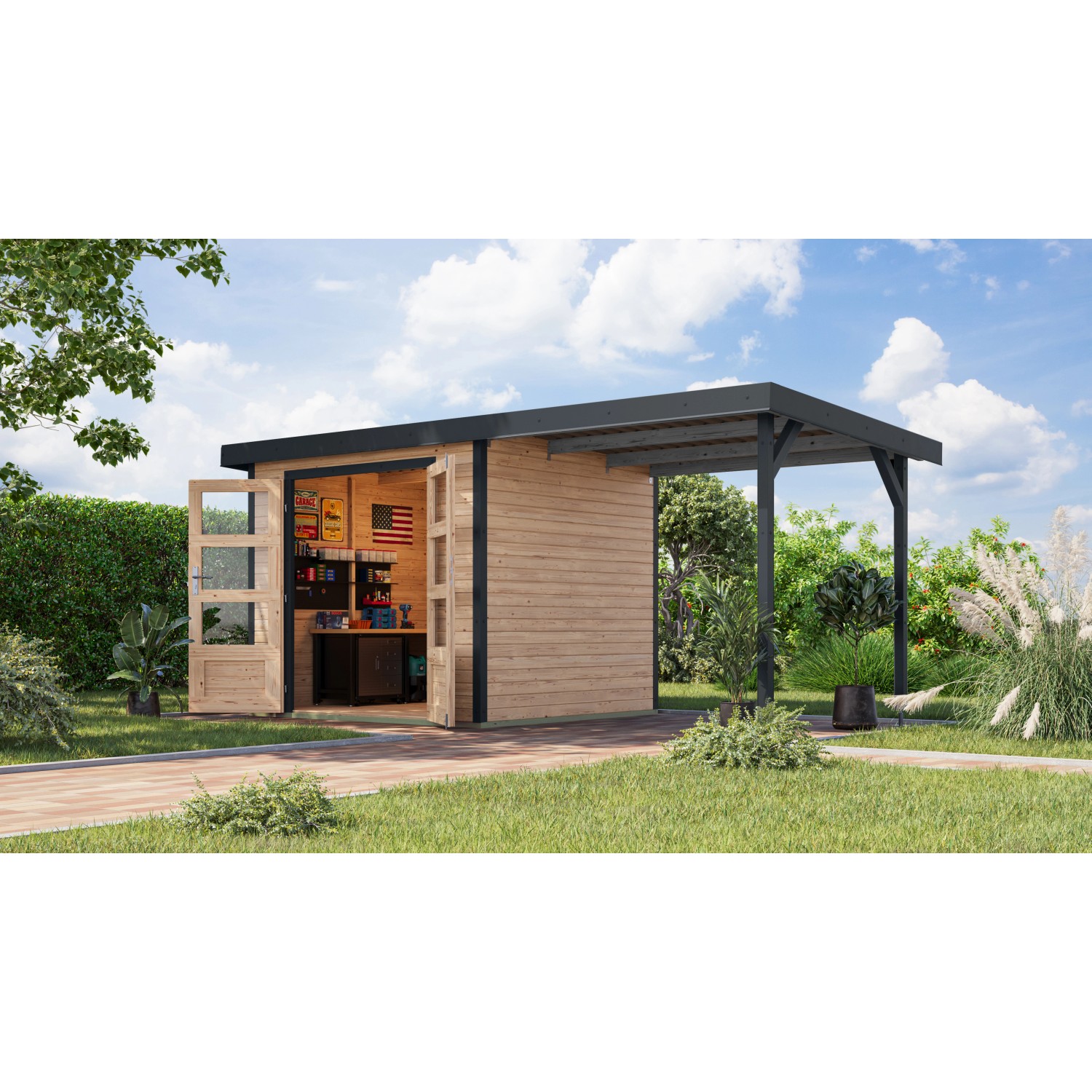 Karibu Gartenhaus Ernesto 3 A m. Anbaudach Natur/Anthrazit 209 x 238 x 213 günstig online kaufen